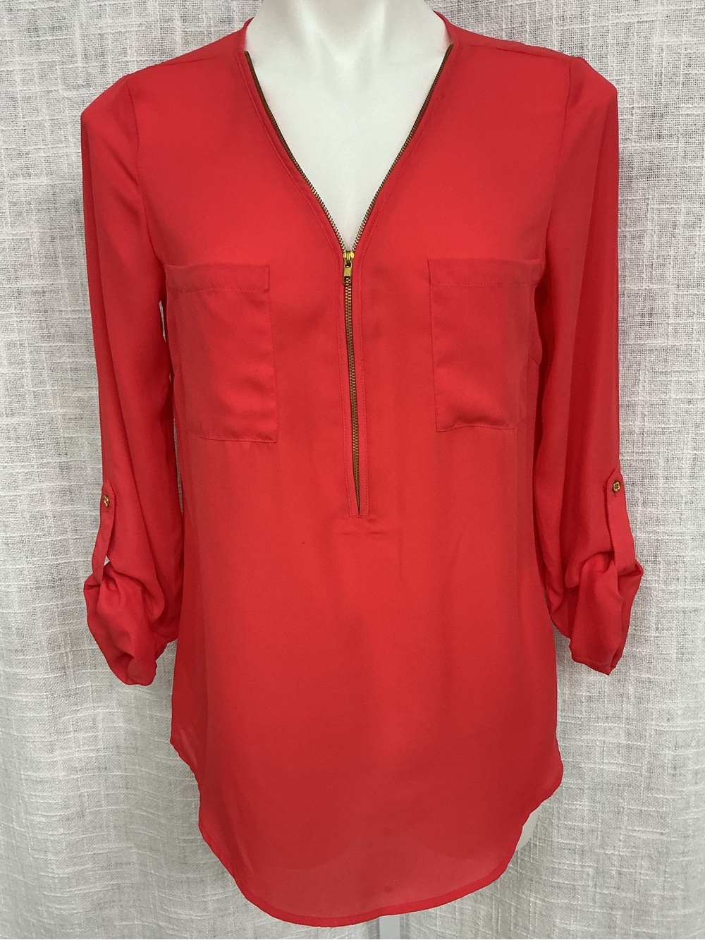 New Directions Red Adjustable Zip-Front Blouse